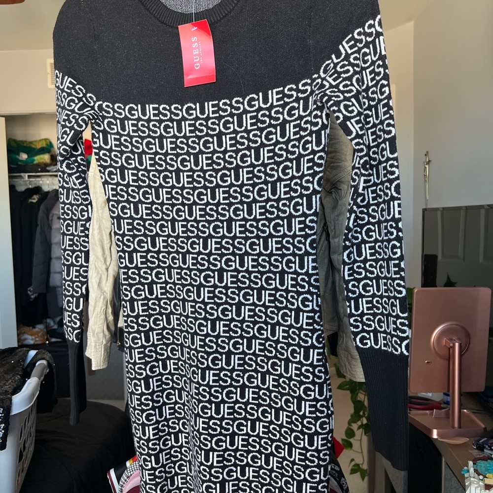 Guess Monochrome Logo Long Sleeve Dress